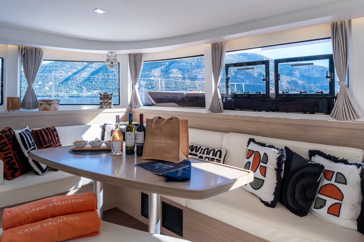 Salon of INCA, a Lagoon 42 catamaran at Municipal Unit of Lefkada, Greece