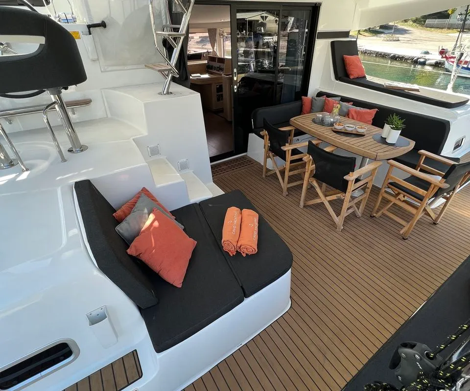 Deck of INCA, a Lagoon 42 catamaran at Municipal Unit of Lefkada, Greece