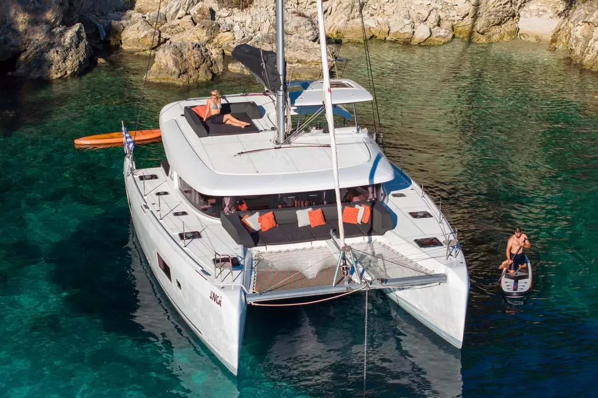 Exterior view of INCA, a Lagoon 42 catamaran at Municipal Unit of Lefkada, Greece