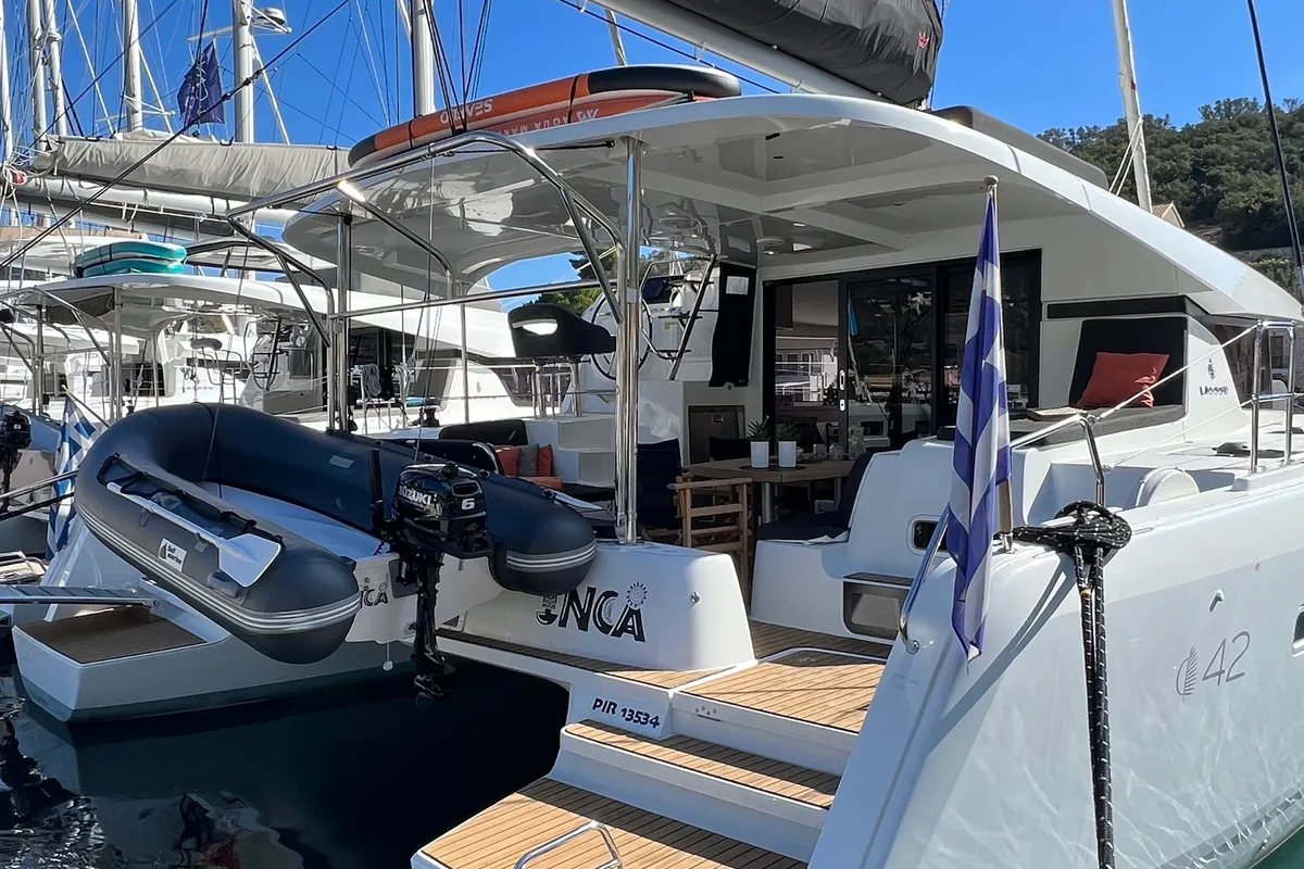 Exterior view of INCA, a Lagoon 42 catamaran at Municipal Unit of Lefkada, Greece