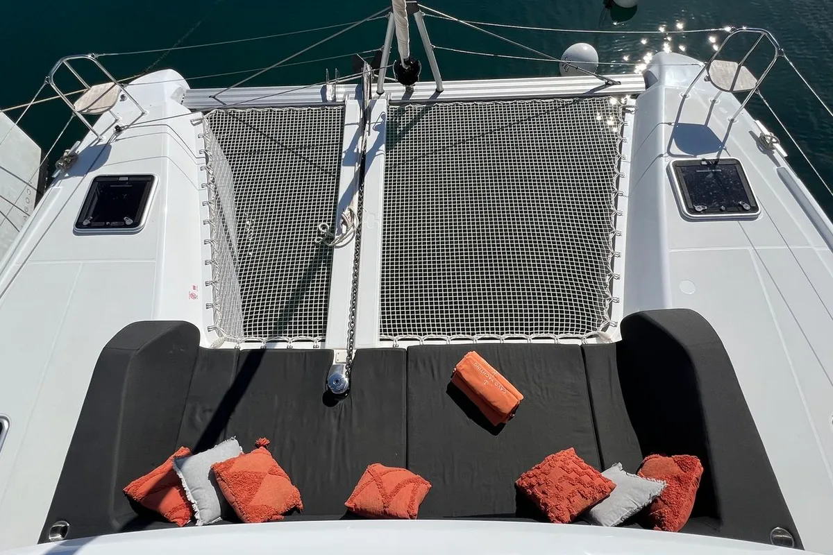 Deck of INCA, a Lagoon 42 catamaran at Municipal Unit of Lefkada, Greece