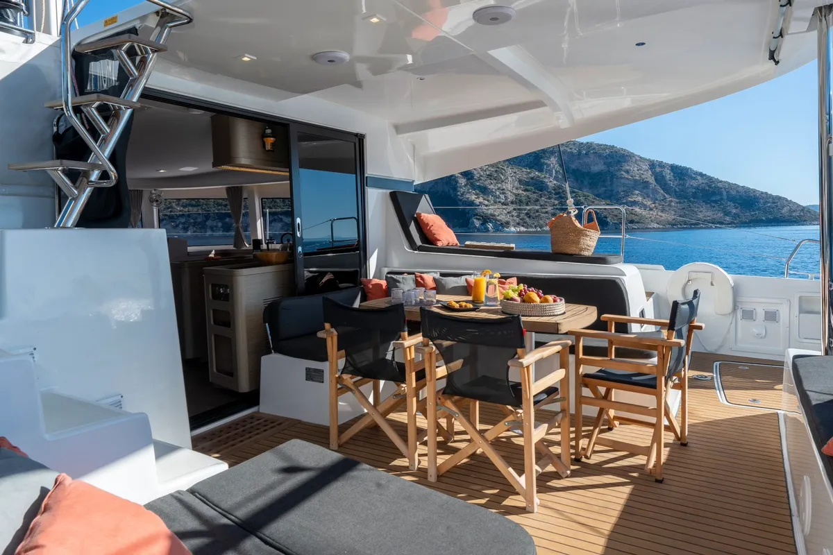 Deck of INCA, a Lagoon 42 catamaran at Municipal Unit of Lefkada, Greece