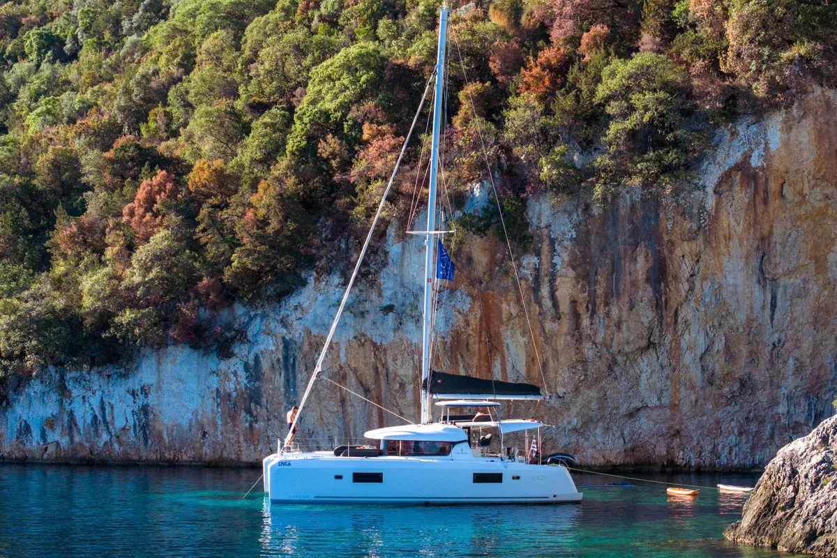 Exterior view of INCA, a Lagoon 42 catamaran at Municipal Unit of Lefkada, Greece