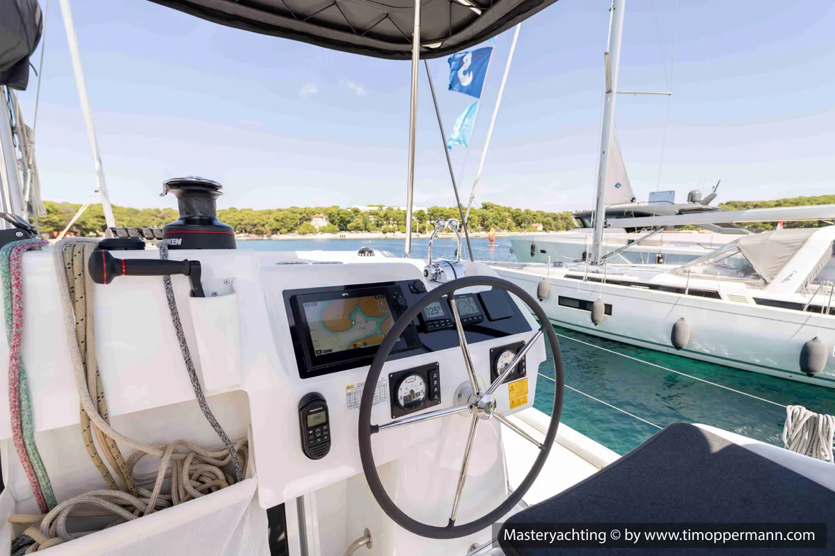 Cockpit of Gaia di Mare, a Lagoon 38 catamaran at Općina Medulin, Croatia