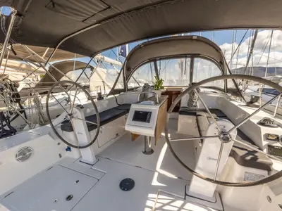 Cockpit of Arian, a Bavaria C42 sailboat at Municipal Unit of Lefkada, Greece