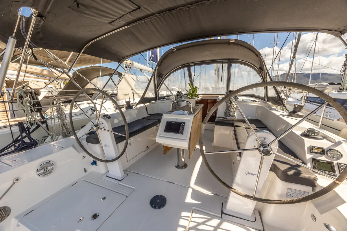 Cockpit of Arian, a Bavaria C42 sailboat at Municipal Unit of Lefkada, Greece