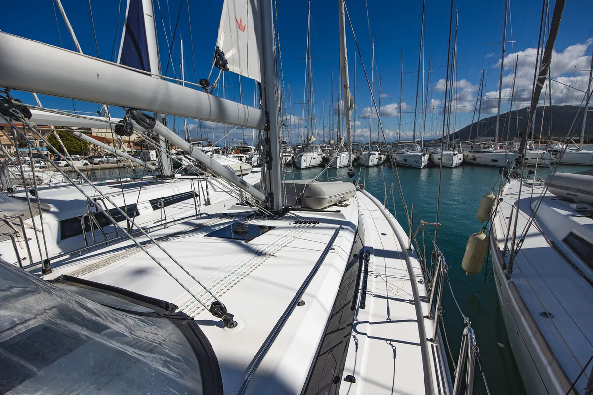 Deck of Arian, a Bavaria C42 sailboat at Municipal Unit of Lefkada, Greece