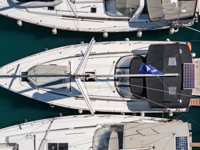 Deck of Arian, a Bavaria C42 sailboat at Municipal Unit of Lefkada, Greece