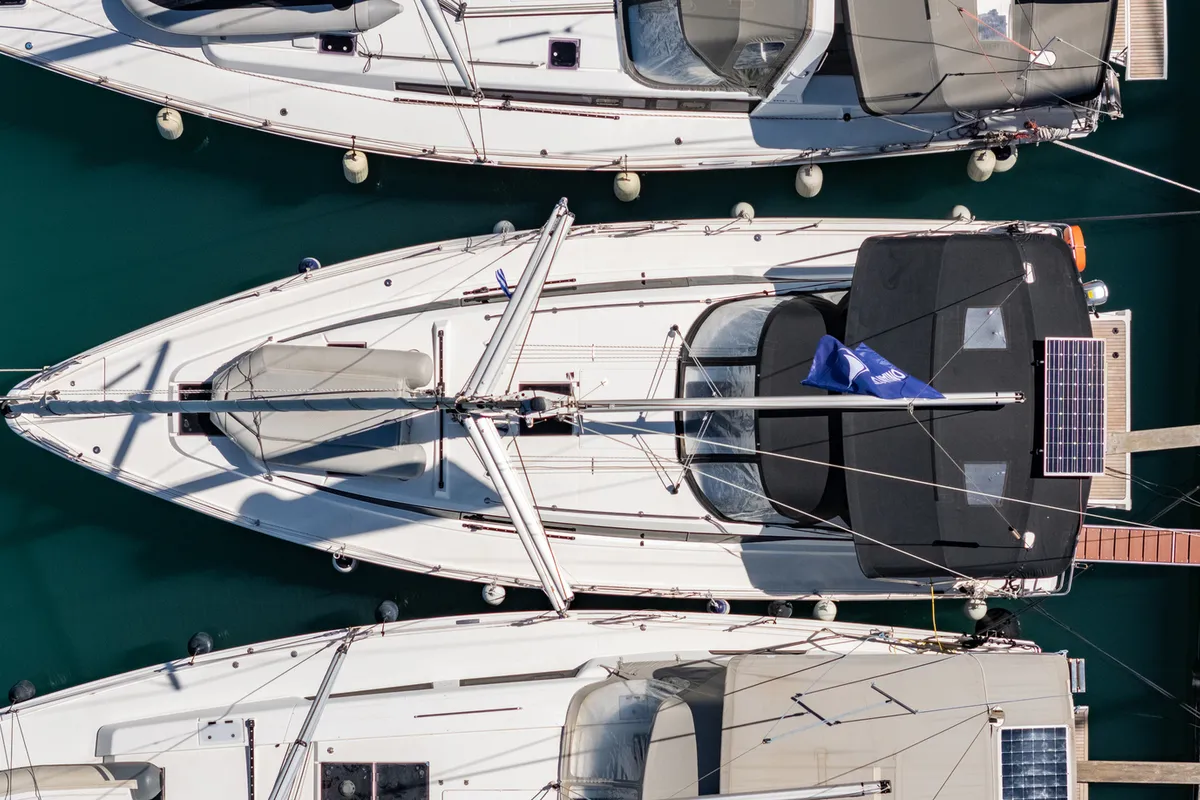 Deck of Arian, a Bavaria C42 sailboat at Municipal Unit of Lefkada, Greece