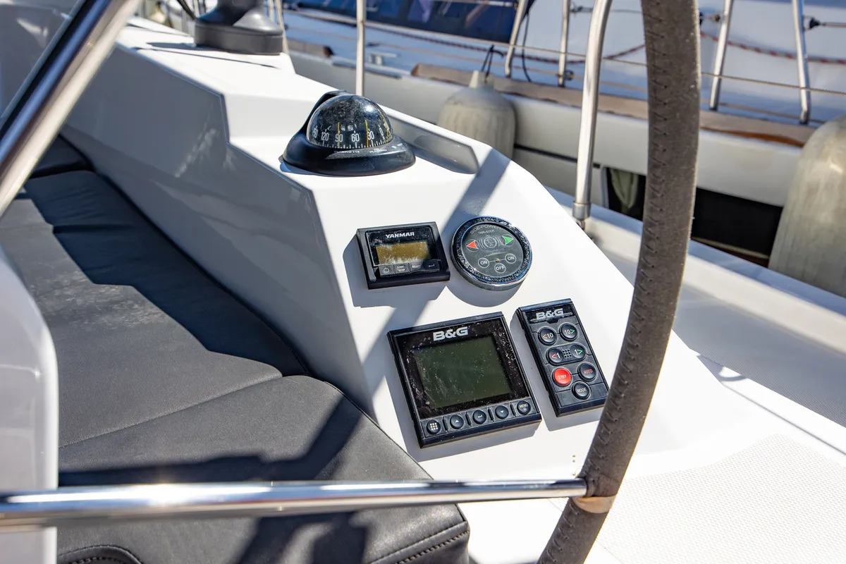 Cockpit of Arian, a Bavaria C42 sailboat at Municipal Unit of Lefkada, Greece