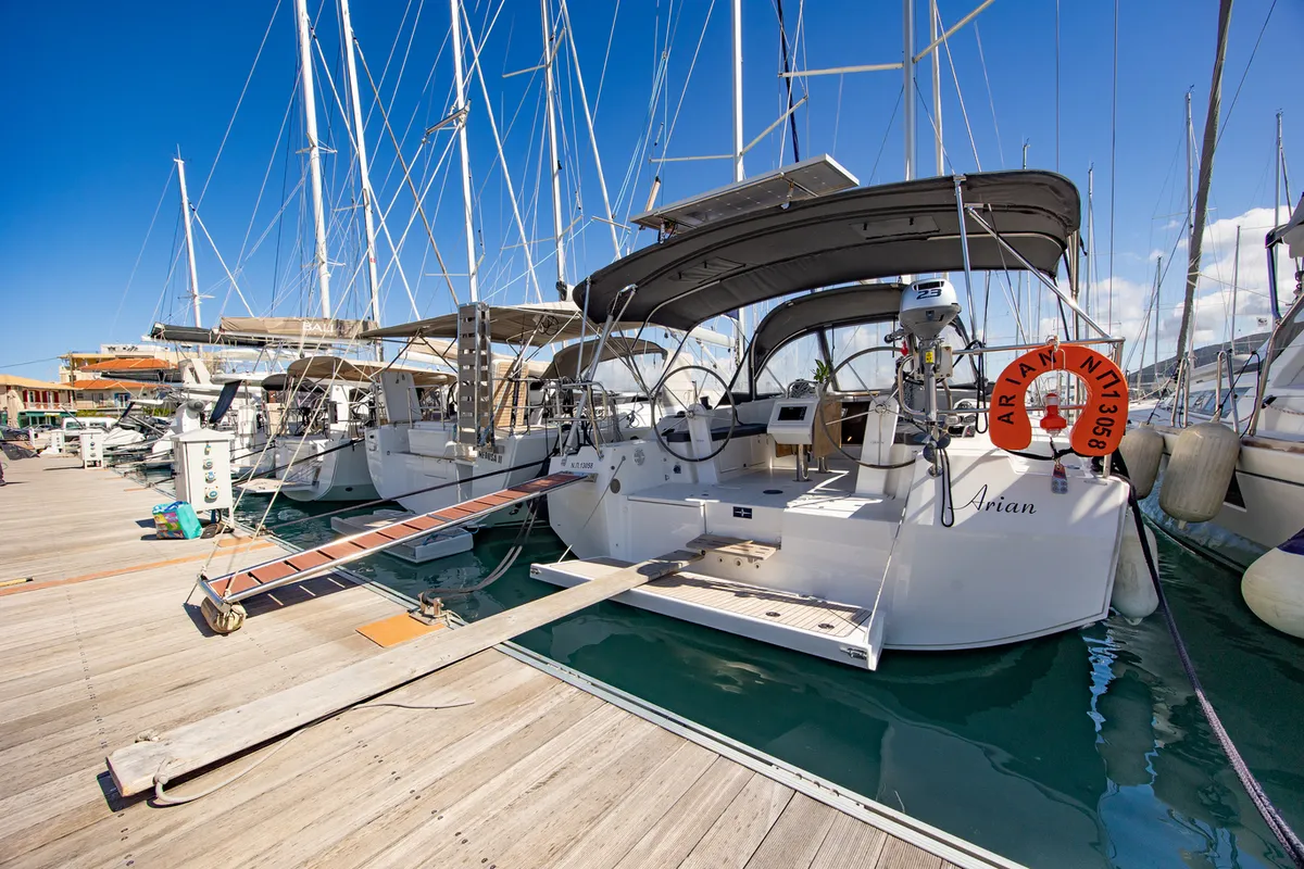 Exterior view of Arian, a Bavaria C42 sailboat at Municipal Unit of Lefkada, Greece