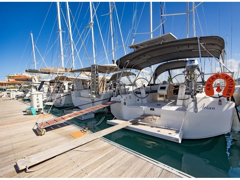 Exterior view of Arian, a Bavaria C42 sailboat at Municipal Unit of Lefkada, Greece