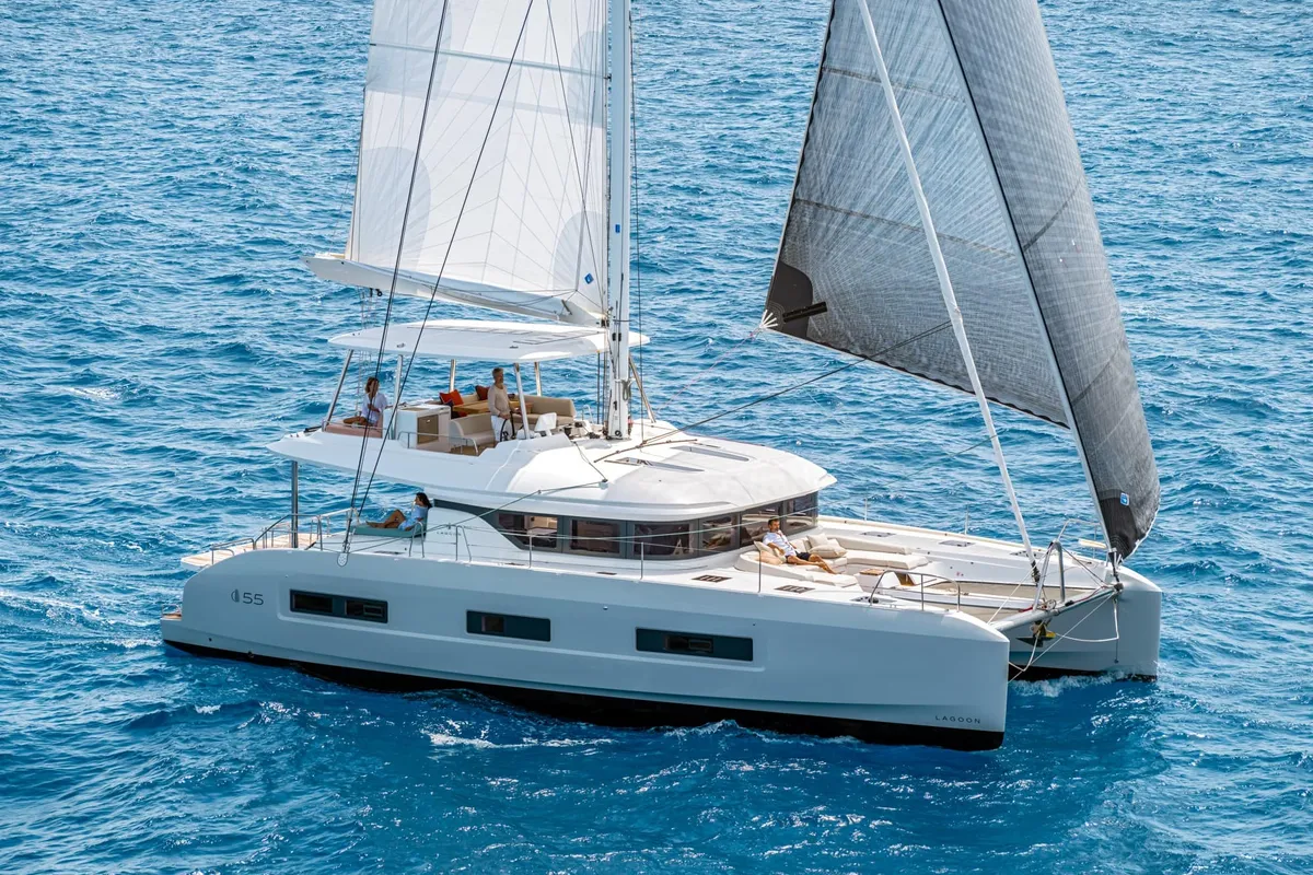Exterior view of Enki, a Lagoon 55 catamaran at Fethiye, Turkey