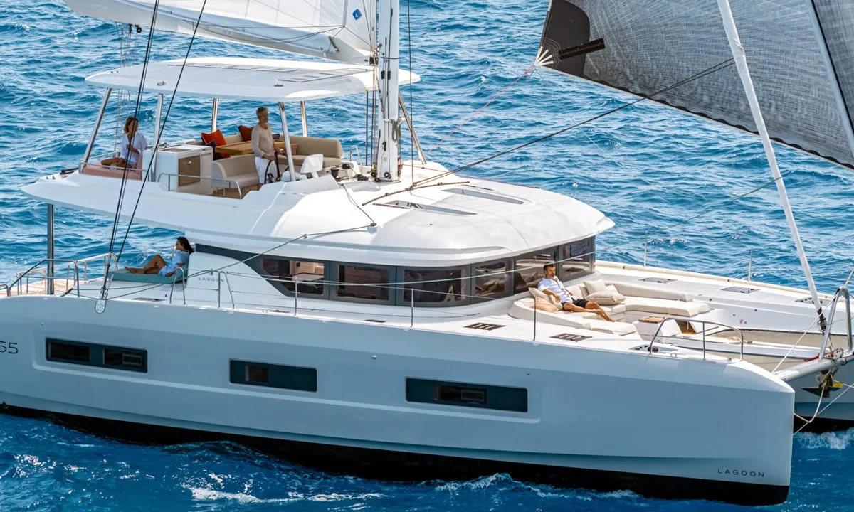 Exterior view of Enki, a Lagoon 55 catamaran at Fethiye, Turkey