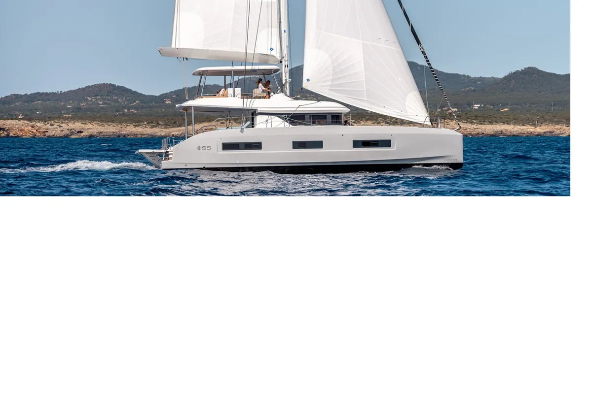 Exterior view of Enki, a Lagoon 55 catamaran at Fethiye, Turkey