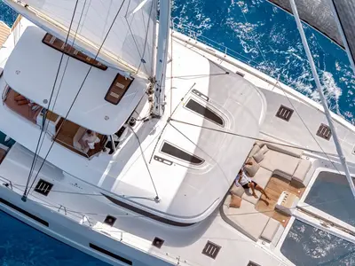 Deck of Enki, a Lagoon 55 catamaran at Fethiye, Turkey