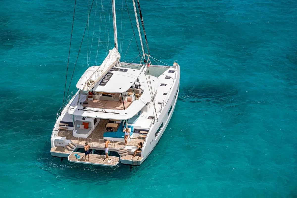 Exterior view of Enki, a Lagoon 55 catamaran at Fethiye, Turkey
