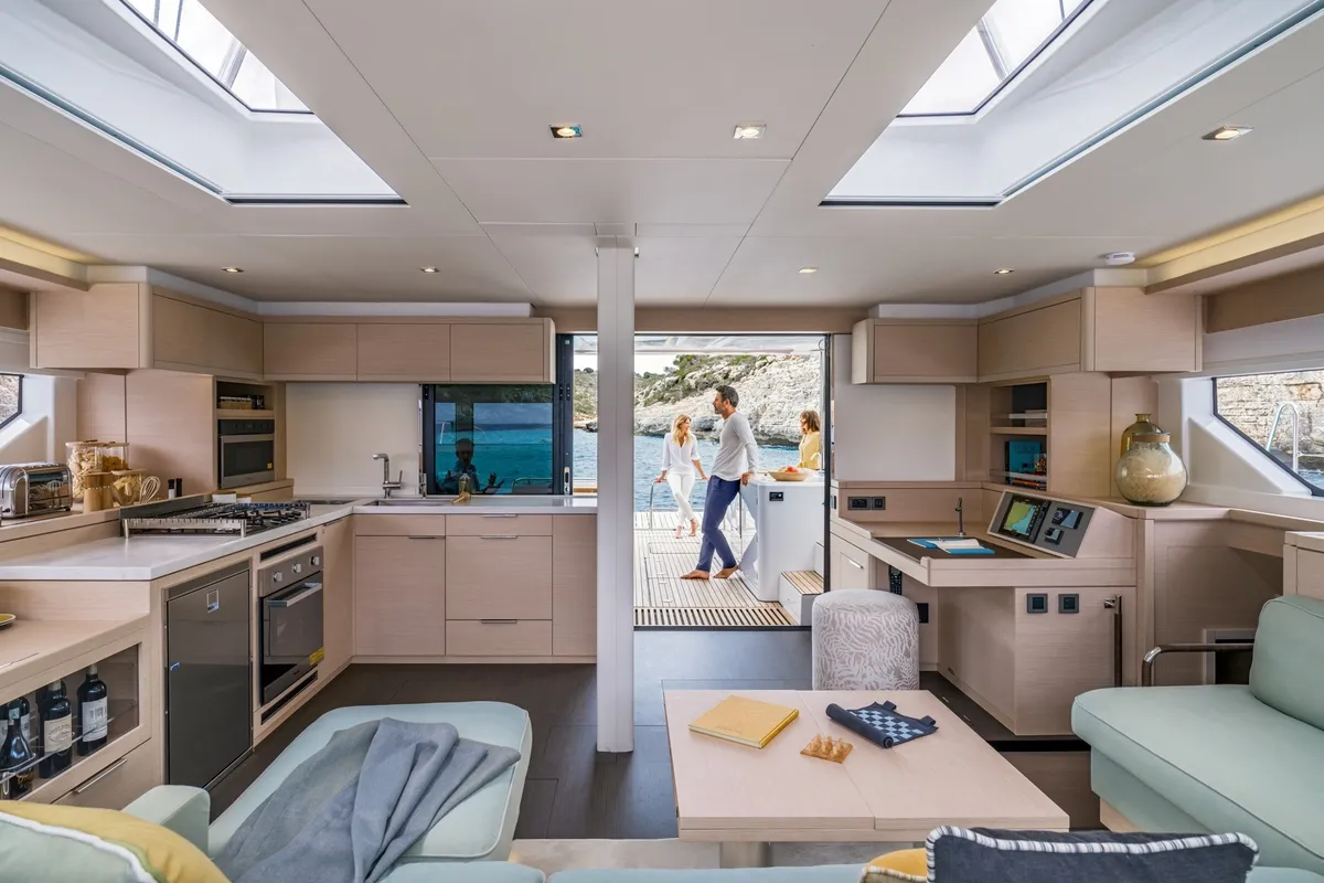 Salon of Enki, a Lagoon 55 catamaran at Fethiye, Turkey