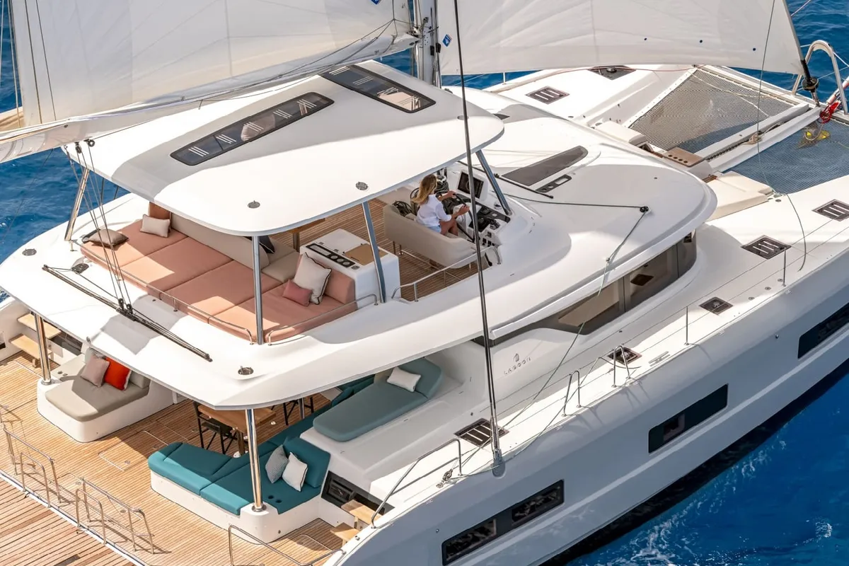Exterior view of Enki, a Lagoon 55 catamaran at Fethiye, Turkey