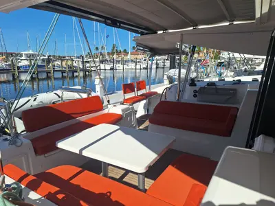 Deck of Angion, a Excess 11 catamaran at Burnt Store Marina, Punta Gorda, United States