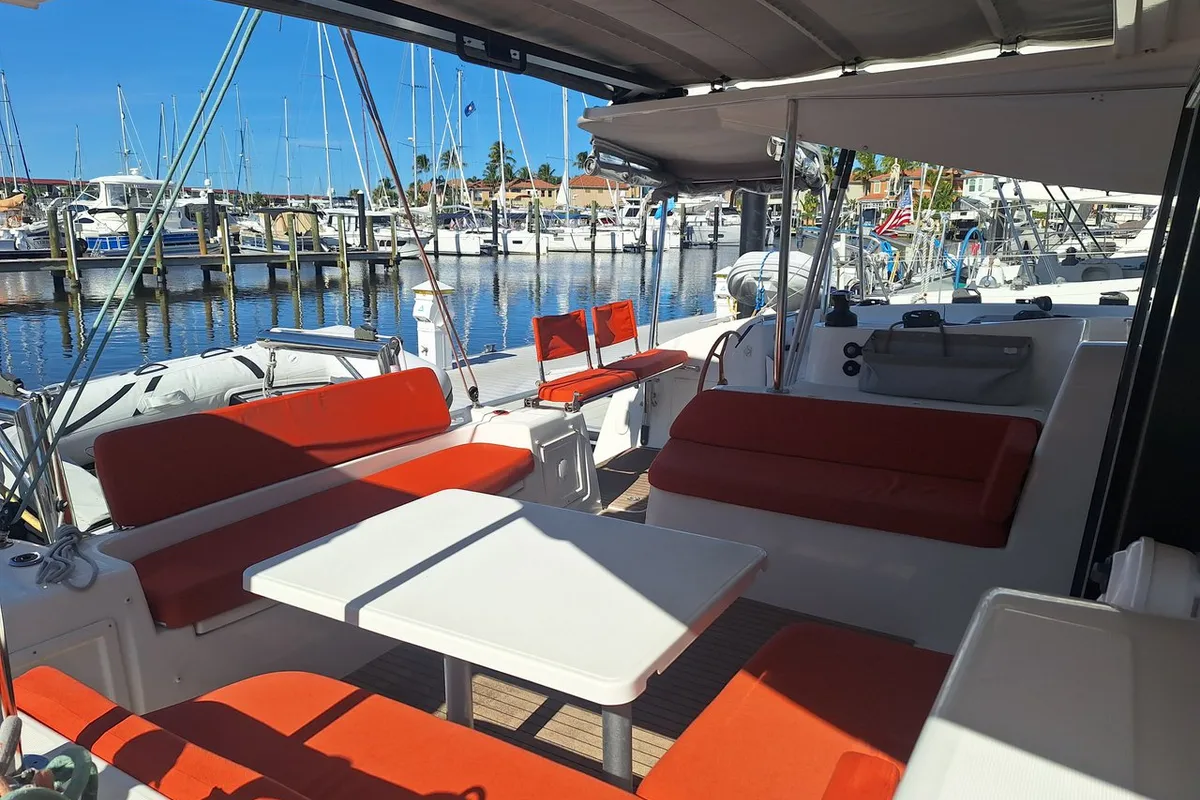 Deck of Angion, a Excess 11 catamaran at Burnt Store Marina, Punta Gorda, United States