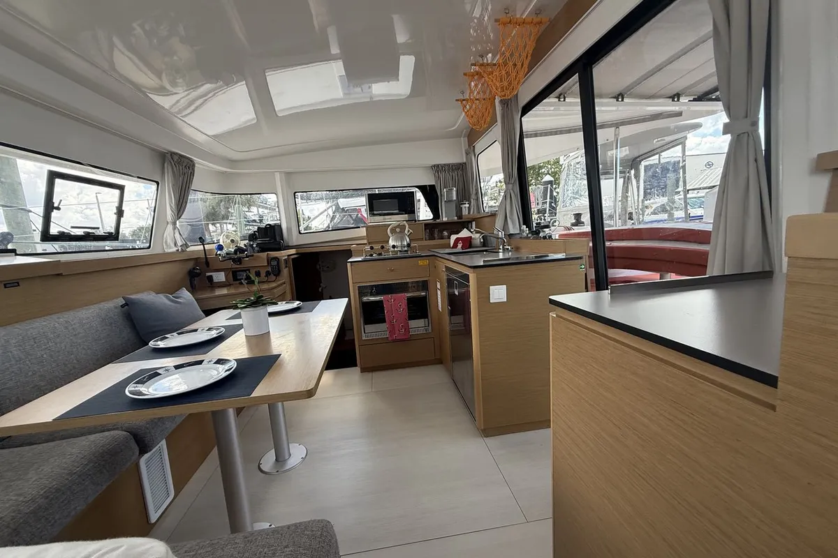 Salon of Angion, a Excess 11 catamaran at Burnt Store Marina, Punta Gorda, United States