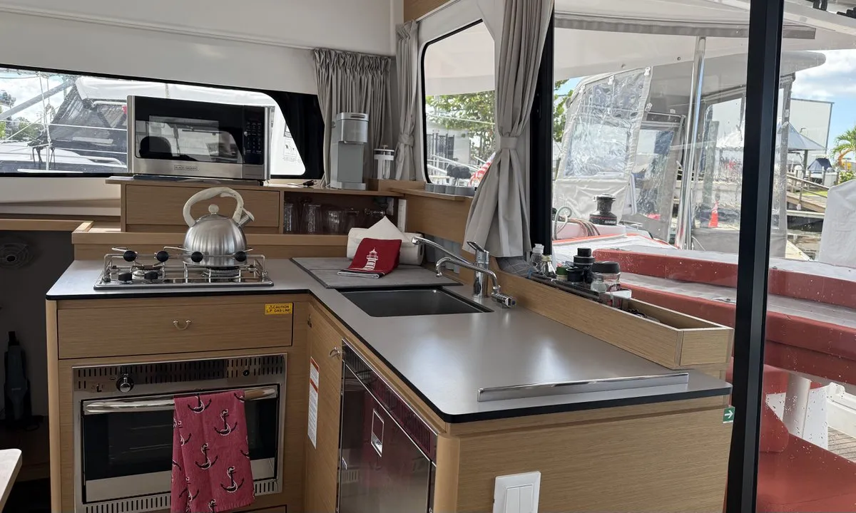 Galley of Angion, a Excess 11 catamaran at Burnt Store Marina, Punta Gorda, United States