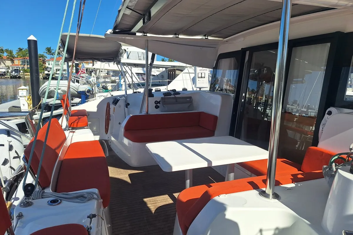 Deck of Angion, a Excess 11 catamaran at Burnt Store Marina, Punta Gorda, United States