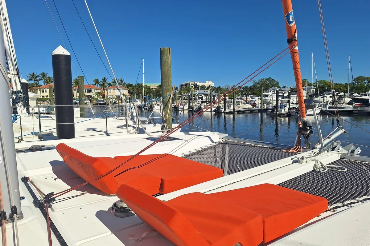 Deck of Angion, a Excess 11 catamaran at Burnt Store Marina, Punta Gorda, United States