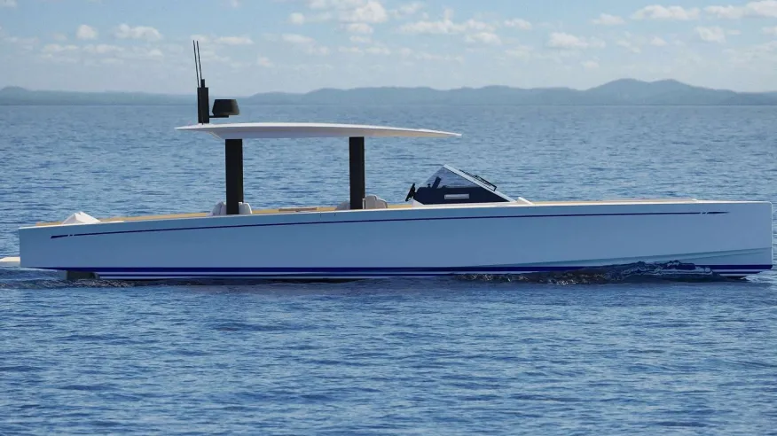 Exterior view of Nevma, a Nautor Swan Shadow motorboat at Platys Gialos, Greece