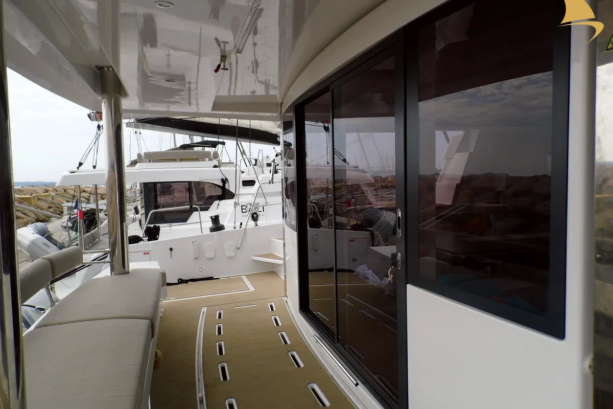 Deck of Koh I Noor, a Bali 5.4 catamaran at Ajaccio, France