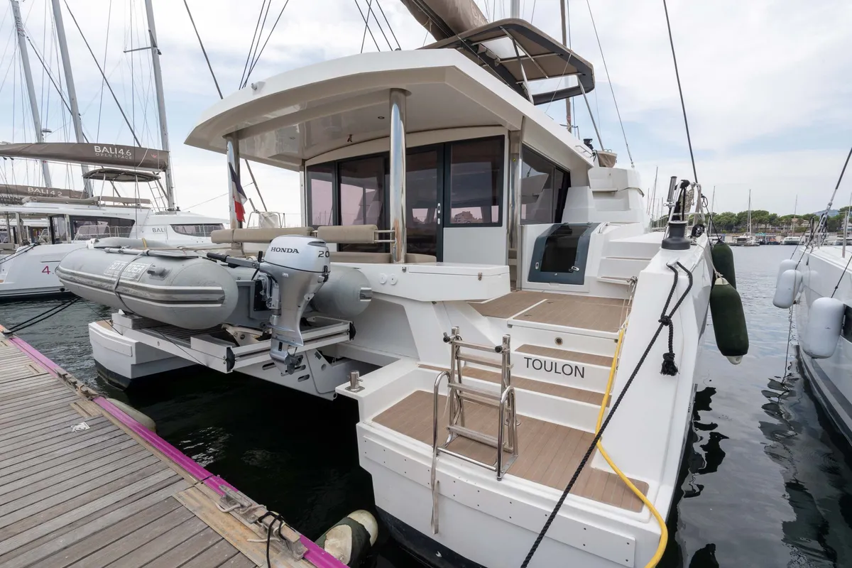 Exterior view of Koh I Noor, a Bali 5.4 catamaran at Ajaccio, France