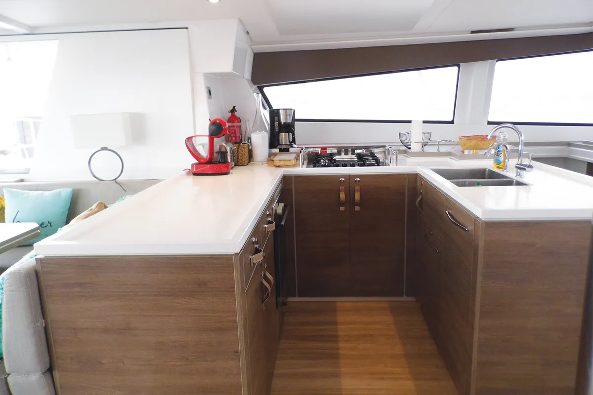 Galley of Koh I Noor, a Bali 5.4 catamaran at Ajaccio, France