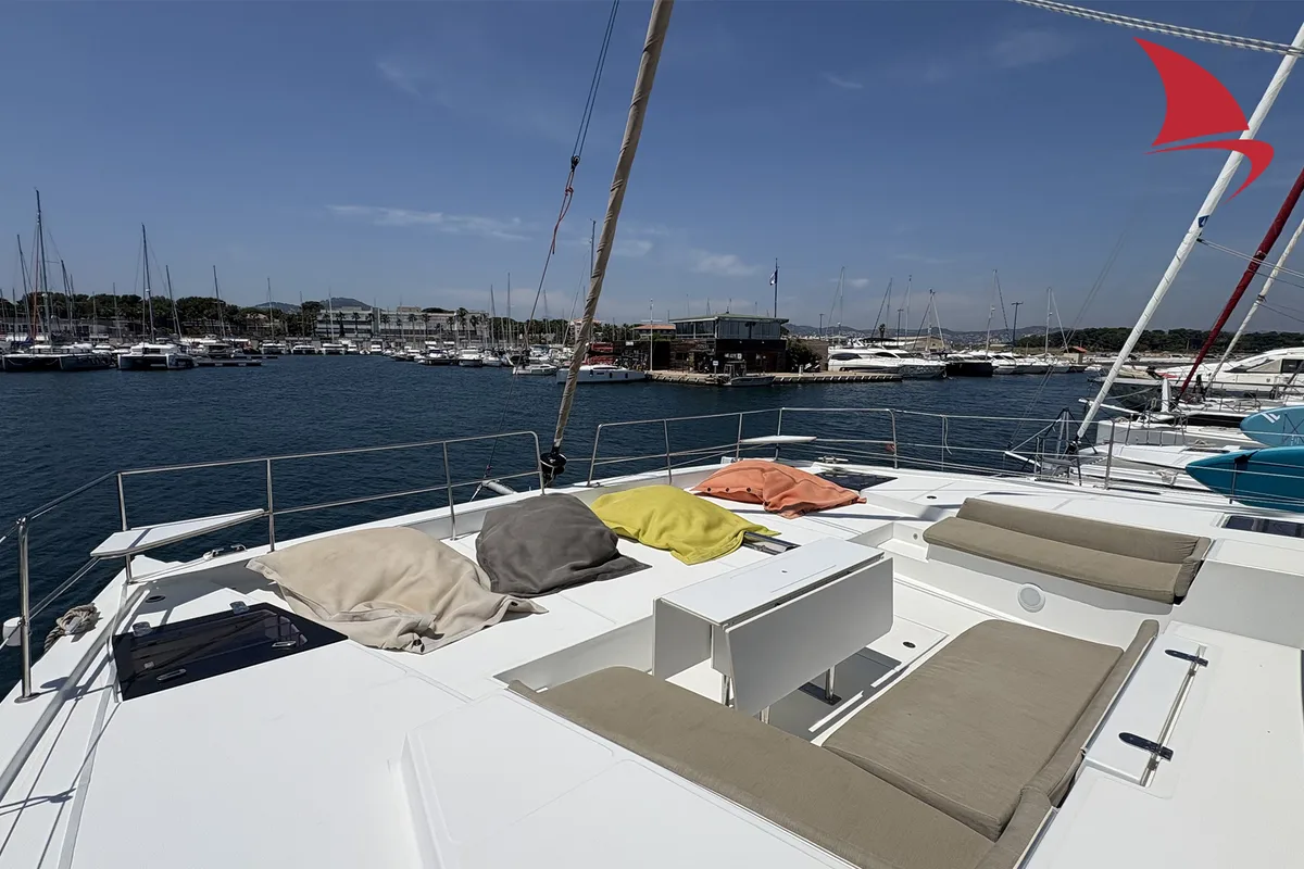 Deck of Koh I Noor, a Bali 5.4 catamaran at Ajaccio, France
