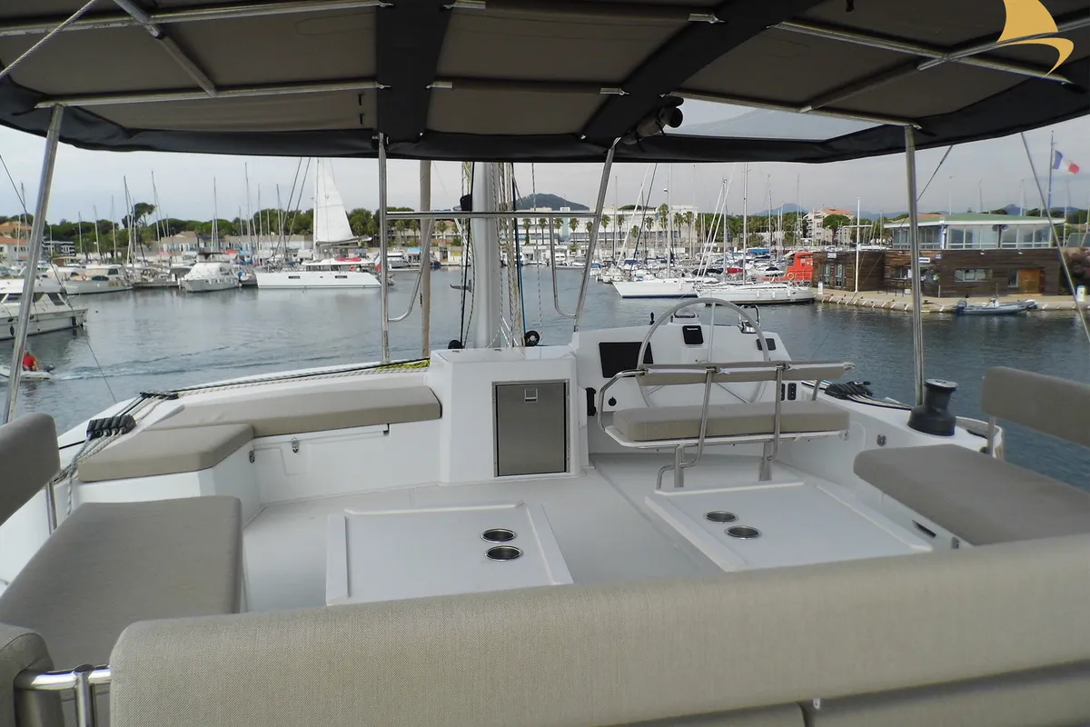 Cockpit of Koh I Noor, a Bali 5.4 catamaran at Ajaccio, France