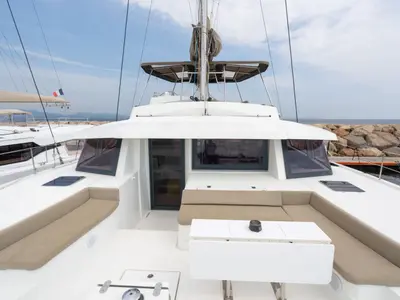 Deck of Koh I Noor, a Bali 5.4 catamaran at Ajaccio, France