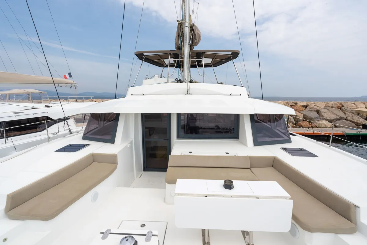 Deck of Koh I Noor, a Bali 5.4 catamaran at Ajaccio, France