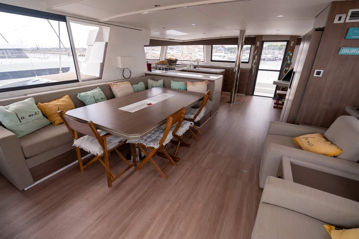 Salon of Koh I Noor, a Bali 5.4 catamaran at Ajaccio, France