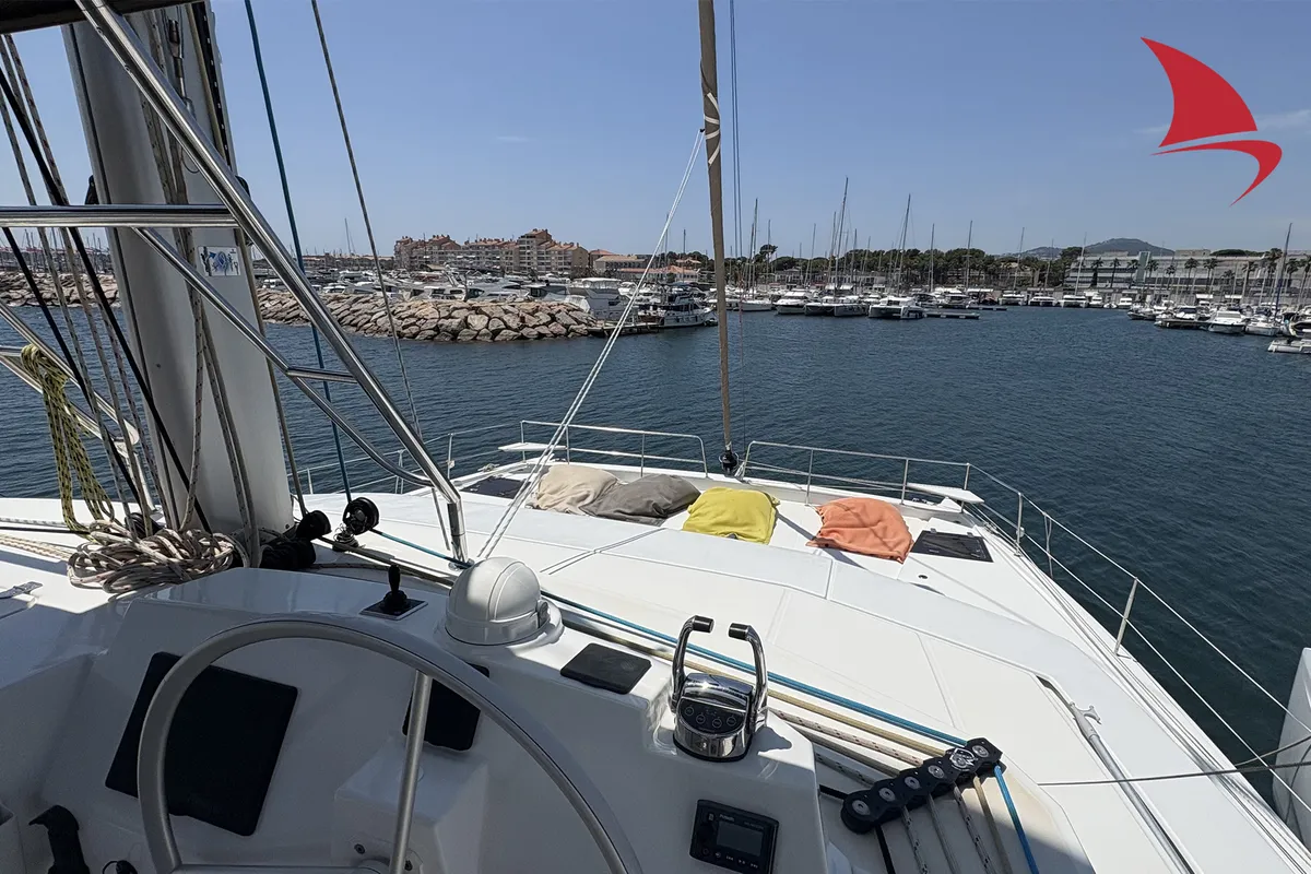 Cockpit of Koh I Noor, a Bali 5.4 catamaran at Ajaccio, France