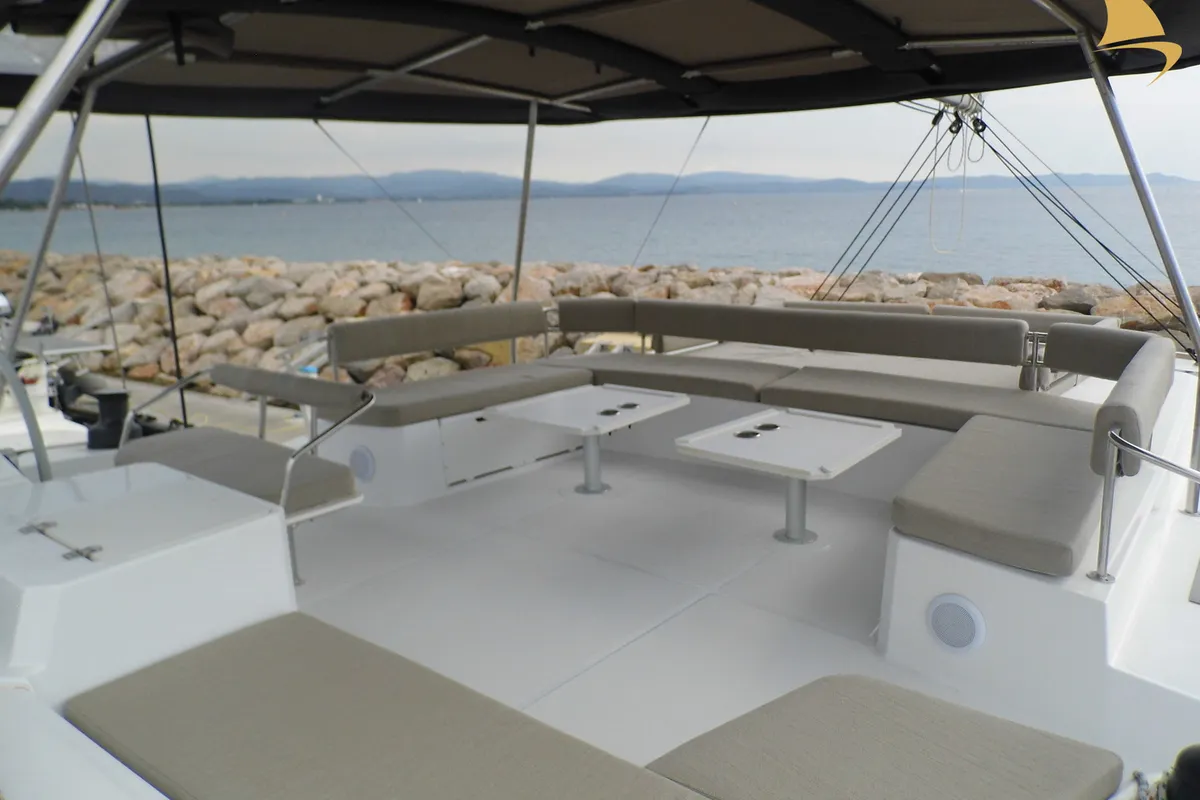 Deck of Koh I Noor, a Bali 5.4 catamaran at Ajaccio, France