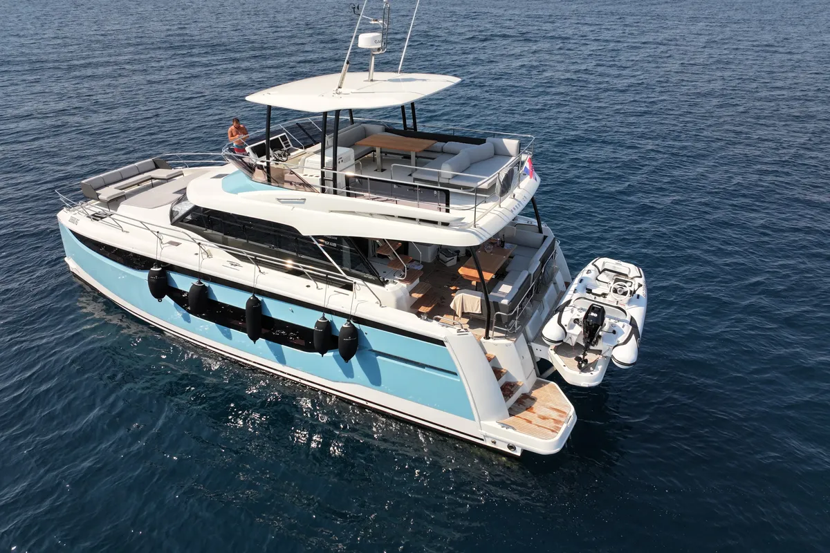 Exterior view of Diamond Si, a Prestige M48 catamaran at Općina Rogoznica, Croatia