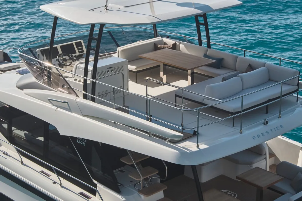 Exterior view of Diamond Si, a Prestige M48 catamaran at Općina Rogoznica, Croatia