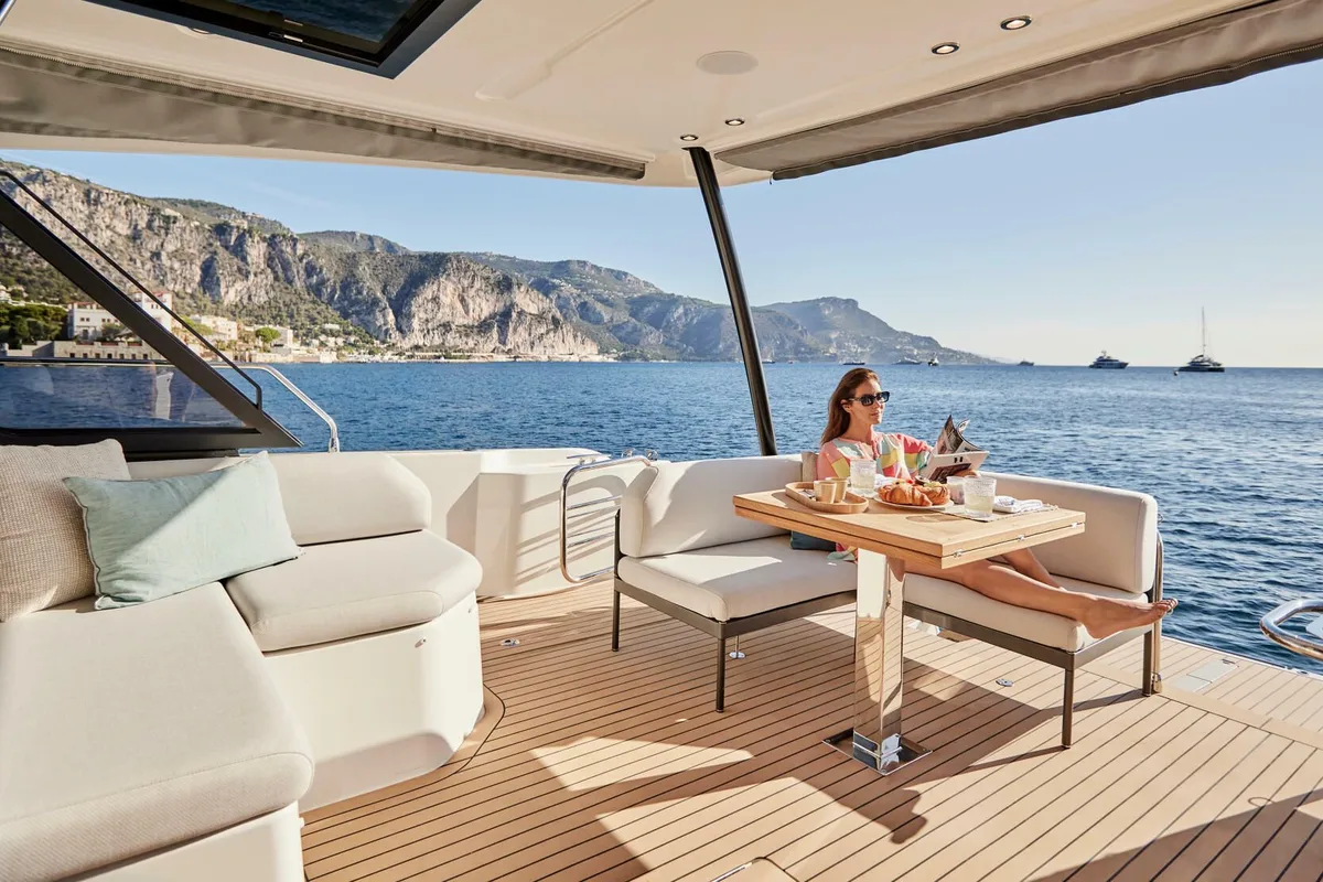 Deck of Diamond Si, a Prestige M48 catamaran at Općina Rogoznica, Croatia