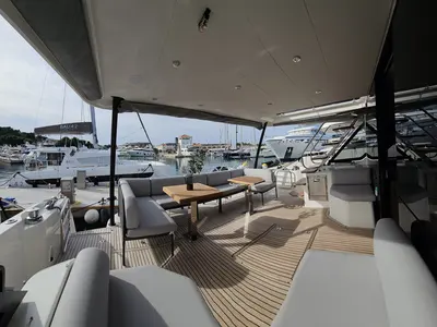 Deck of Diamond Si, a Prestige M48 catamaran at Općina Rogoznica, Croatia