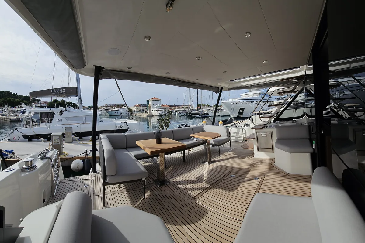 Deck of Diamond Si, a Prestige M48 catamaran at Općina Rogoznica, Croatia