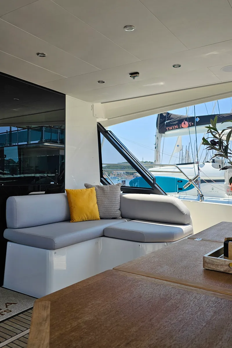 Deck of Diamond Si, a Prestige M48 catamaran at Općina Rogoznica, Croatia