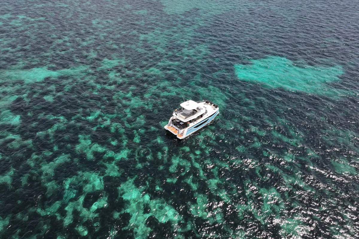 Exterior view of Diamond Si, a Prestige M48 catamaran at Općina Rogoznica, Croatia