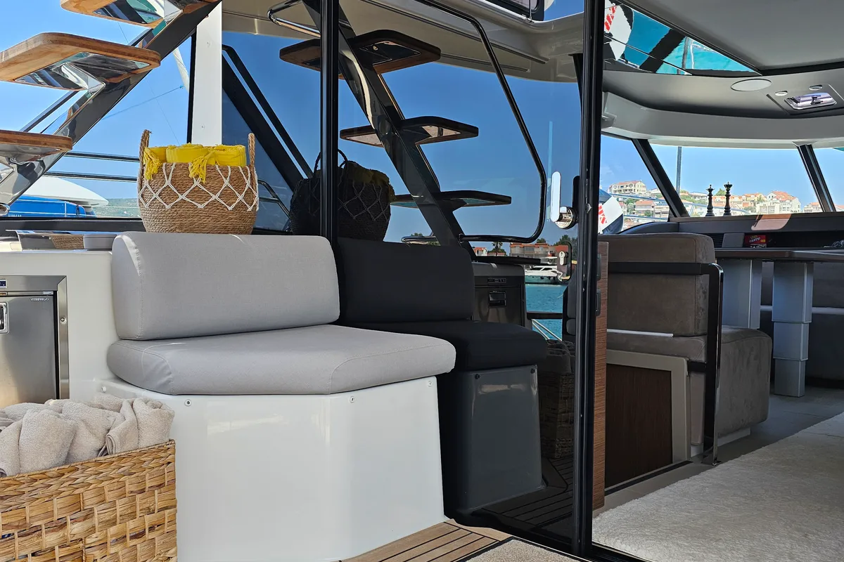 Deck of Diamond Si, a Prestige M48 catamaran at Općina Rogoznica, Croatia