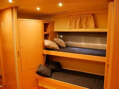 Cabin on Champagne Three, a Primatist G 46 motorboat at Cannigione, Italy