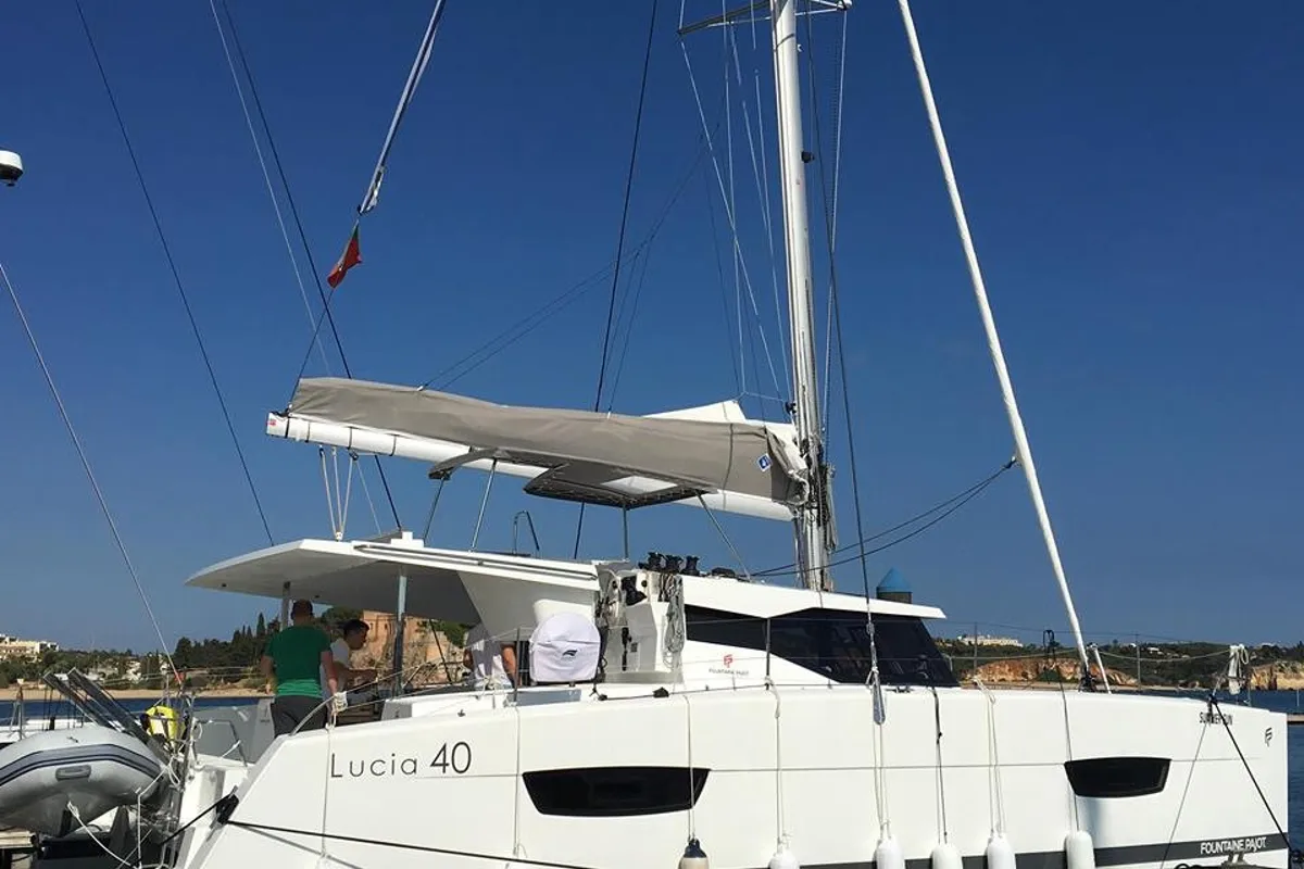 Exterior view of Summer Sun, a Fountaine Pajot Lucia 40 catamaran at Portimão, Portugal
